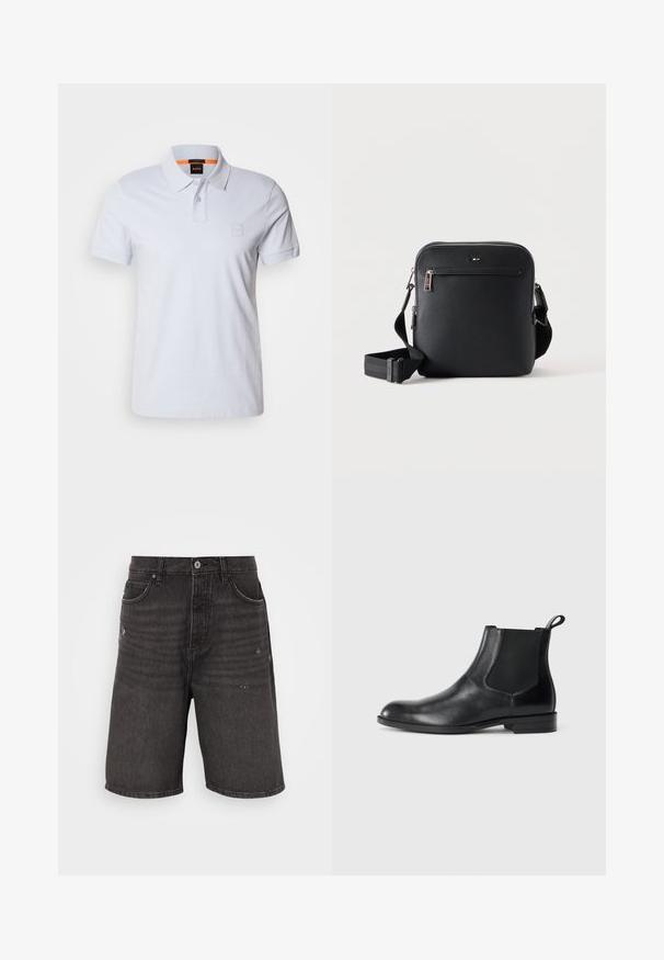 Witte polo met kraag, korte mouwen en subtiele logo-patch. Gemaakt van katoen, met een soepele textuur en klassiek ontwerp.; Zwarte denimshorts met een ontspannen pasvorm, voorzien van frontzakken, een verouderde textuur en een klassieke tailleband met een enkele knoopsluiting.; Zwarte leren enkelboot met elastische zijpanelen, ronde neus en een trekhaak. Gladde textuur, platte zool, minimalistisch ontwerp.; Zwarte leren crossbodytas met voorvak met rits en verstelbare band op een effen witte achtergrond.