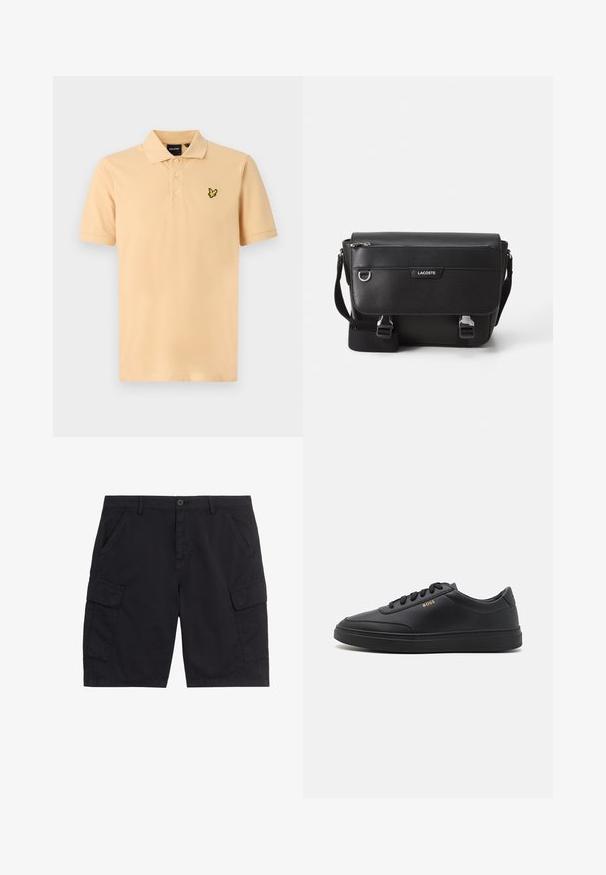 Polo-shirt i lys fersken med en tre-knaps lukning. Har et broderet logo i sort og gul på venstre bryst. Korte ærmer, klassisk pasform.; Sorte cargoshorts med frontknap og lynlås, to sidelommer, to klaplommer og bæltestropper.; Sorte lædersneakers med en glat overflade, rund tå, flad gummisål og tonede snørebånd. Udstyret med guld "BOSS" branding på siden.; Sort tekstureret Lacoste messengertaske med justerbar rem, frontklap, lynlås lomme og metalspænder.