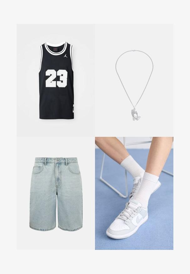 Maillot de basketball noir, tissu en maille, design sans manches. Présente le numéro "23" en blanc et des accents. Le logo est visible en haut à gauche.; Shorts en denim bleu clair avec bouton à l'avant, passants pour ceinture et deux poches avant sur fond blanc.; Baskets blanches avec des accents bleu clair, tige en cuir, bout perforé, lacets épais et chaussettes blanches côtelées sur fond bleu.; Collier en argent avec un pendentif représentant deux mains jointes, suspendu à une chaîne fine au texture lisse.