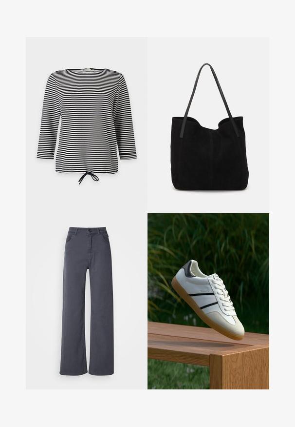 Haut rayé noir et blanc, avec des manches trois-quarts et un ourlet à cordon de serrage, fabriqué en tissu doux avec une coupe décontractée.; Pantalons droits gris foncé avec poches avant, passants de ceinture et une fermeture à bouton et fermeture éclair sur un fond blanc.; Baskets blanches avec des rayures noires et une semelle en gomme, flottant au-dessus d'un banc en bois à l'extérieur avec un fond de feuillage vert.; Sac fourre-tout en suède noir avec deux longues anses en cuir plates. Présente un bord supérieur incurvé et des coutures visibles sur le devant. Pas d'accents en métal.