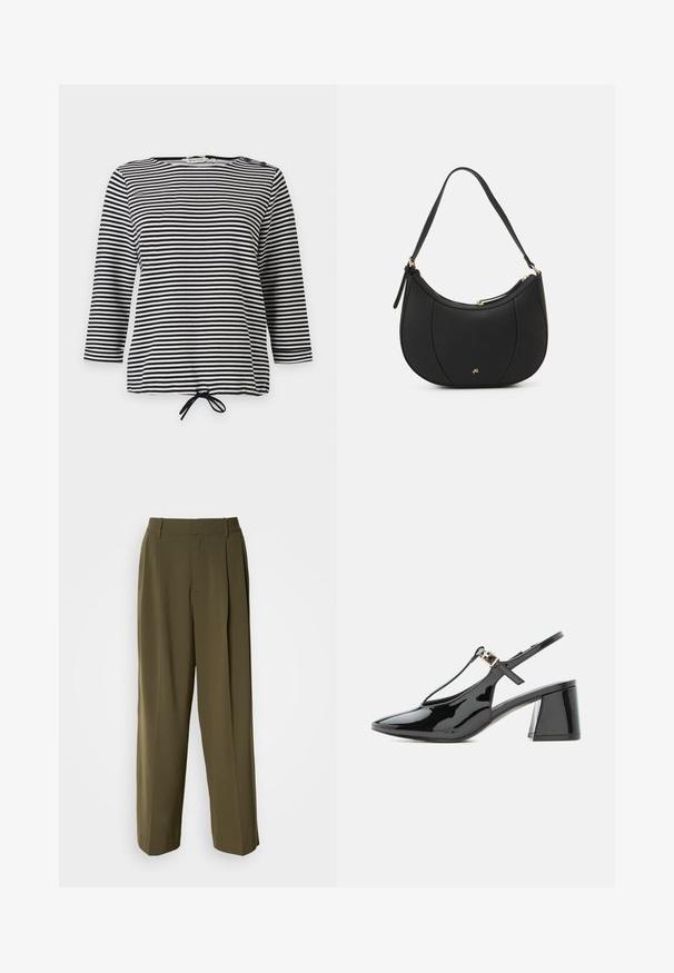 Haut rayé noir et blanc, avec des manches trois-quarts et un ourlet à cordon de serrage, fabriqué en tissu doux avec une coupe décontractée.; Pantalons à jambes larges vert olive en tissu lisse, dotés d'une taille haute, de plis sur le devant et de poches latérales pour plus de fonctionnalité.; Chaussure slingback en cuir verni noir à petit talon, bout pointu et bride en T avec une petite boucle dorée.; Sac à main en cuir noir avec une forme courbée, surface texturée, coutures avant et un logo doré. Il est doté d'une seule sangle ajustable.