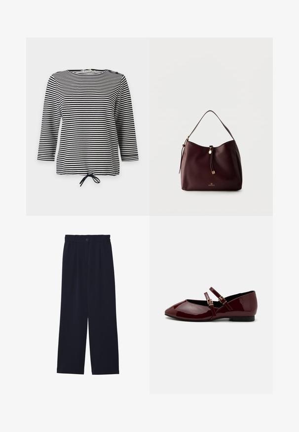 Haut rayé noir et blanc, avec des manches trois-quarts et un ourlet à cordon de serrage, fabriqué en tissu doux avec une coupe décontractée.; Pantalons large bleu marine avec une texture lisse, taille élastique, pli avant unique et fermeture à bouton à la taille.; Anna Field by Zalando Babies - dark red; Sac à épaule en cuir marron foncé avec un pompon tressé, des accents dorés et le logo Anna Field à l'avant, sur un fond clair uni.