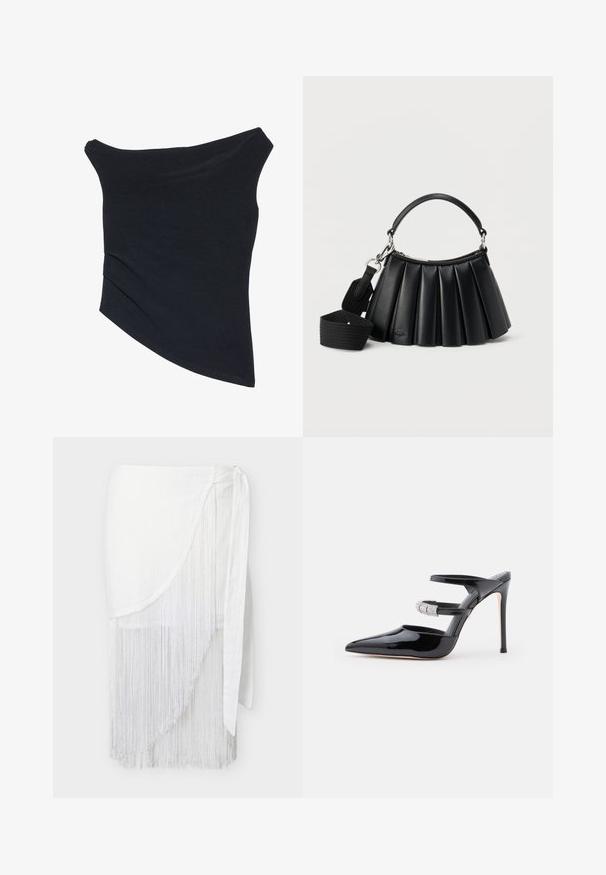 Top negro, con tirantes caídos, de diseño ajustado, con un dobladillo asimétrico y una textura suave y lisa. Presenta tela fruncida en el escote.; Falda envolvente blanca con detalle de flecos largos con cuentas a lo largo del frente y un lazo de tela en el lateral.; Mule de charol negro de tacón alto con punta afilada, dos correas sobre el pie, una decorada con rhinestones, sobre un fondo blanco.; Bolso negro de cuero plisado con asa corta y correa de hombro ancha de tela desmontable sobre fondo blanco.