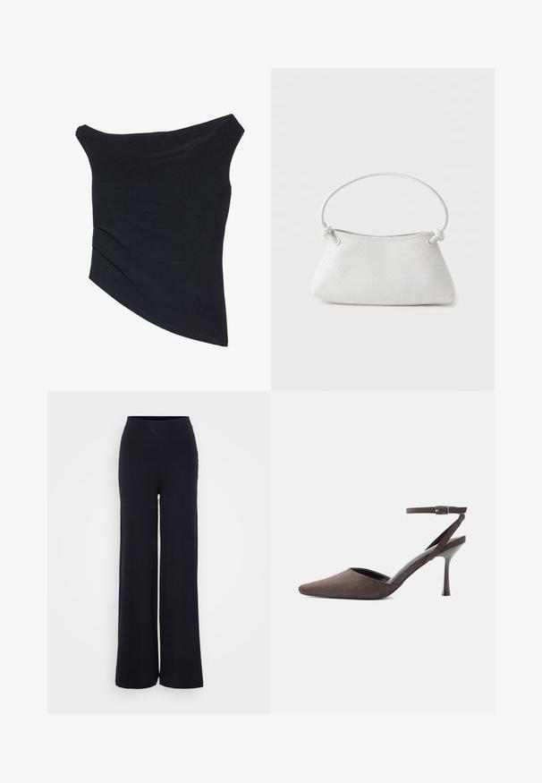 Top negro, con tirantes caídos, de diseño ajustado, con un dobladillo asimétrico y una textura suave y lisa. Presenta tela fruncida en el escote.; Pantalones de pierna ancha negros de canalé con un acabado texturizado y cinturilla elástica, que cuentan con un ajuste relajado y sin herrajes visibles.; Zapato de tacón alto de ante marrón con punta afilada, correa fina en el tobillo y hebilla plateada sobre fondo blanco.; Bolso de mano de cuero blanco tejido con asa redondeada y extremos de la correa anudados, exhibido sobre un fondo liso.
