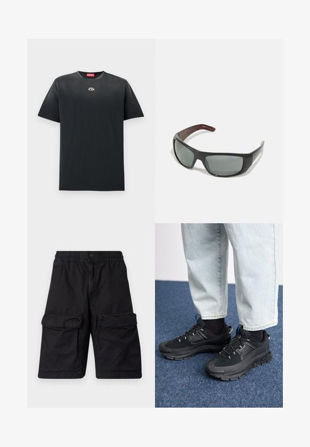 Camiseta de algodón negra con cuello redondo, corte holgado, mangas cortas y un pequeño logo plateado en el pecho. Textura suave, diseño minimalista.; Pantalones cortos negros hechos de tela duradera con una cinturilla elástica, dos grandes bolsillos tipo cargo a cada lado y detalles de costura.; Zapatillas deportivas negras con tejido texturizado y suelas de goma, con cordones elásticos y un acento azul en el talón. Combinadas con pantalones de mezclilla claros.; Arnette HOT SHOT - Gafas de sol - dark grey