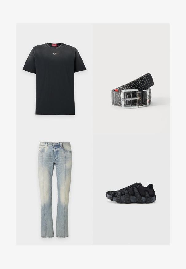 Camiseta de algodón negra con cuello redondo, corte holgado, mangas cortas y un pequeño logo plateado en el pecho. Textura suave, diseño minimalista.; Jeans de mezclilla azul claro con diseño de pierna recta, con costuras dobles, bolsillos frontales y acabado desteñido. Sin marcas visibles.; Zapatilla negra con suela acanalada exagerada, diseño con cordones y parte superior de mezcla de textil y ante, vista desde el lado exterior sobre un fondo blanco.; Cinturón negro Diesel con gran texto de logo en blanco, hebilla rectangular plateada y detalle de la anilla metálica con marca, enrollado sobre un fondo claro.