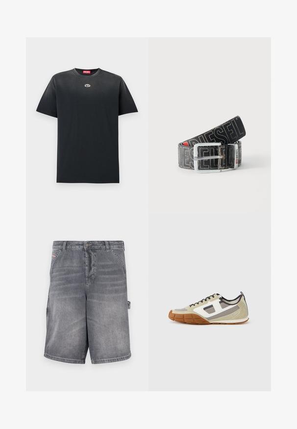 Camiseta de algodón negra con cuello redondo, corte holgado, mangas cortas y un pequeño logo plateado en el pecho. Textura suave, diseño minimalista.; Pantalones cortos de mezclilla gris con corte recto, cinco bolsillos y detalles cosidos. Cuentan con cierre de botón y una presilla lateral para ajuste.; Zapatillas deportivas con una parte superior beige con acentos en gris y blanco, ante texturizado y suela de goma con patrón. Incluyen cordones marrones y una lengüeta para tirar.; Cinturón negro Diesel con gran texto de logo en blanco, hebilla rectangular plateada y detalle de la anilla metálica con marca, enrollado sobre un fondo claro.