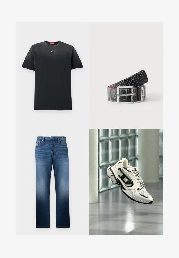 Schwarzes Baumwoll-T-Shirt mit Rundhalsausschnitt, lockerer Passform, kurzen Ärmeln und kleinem silbernen Logo auf der Brust. Glatte Textur, minimalistisches Design.; Dunkelblaue Jeans aus Denim mit geradem Bein und einem ausgewaschenen Effekt. Enthält einen Frontknopfverschluss und Taschen.; Weißer und schwarzer Sportschuh mit Mesh-Details und gemusterten Schnürsenkeln, schwebt mitten in der Luft in einem modernen Innenraum mit Glasbausteinen.; Schwarzer Diesel-Gürtel mit großem weißen Logotext, rechteckiger silberner Schnalle und gebrandetem Metallschlaufen-Detail, aufgewickelt auf hellem Hintergrund.