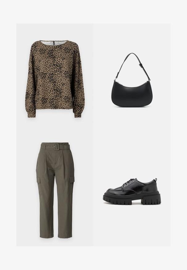 Blusa de manga larga con estampado de leopardo en marrón y negro, con un cuello redondo y puños de manga fruncidos, fabricada en un tejido suave y texturizado.; Pantalones cargo en verde oliva, hechos de tela ligera. Las características incluyen una cintura con cinturón, pliegues frontales y bolsillos laterales con cierres de solapa.; Zapatos de cuero negro con cordones, puntera redondeada, suela gruesa de plataforma negra y textura estriada. Presentan ojales y una tira en la parte trasera.; Pieces PCALUANA SHOULDER BAG - Bolso de mano - black