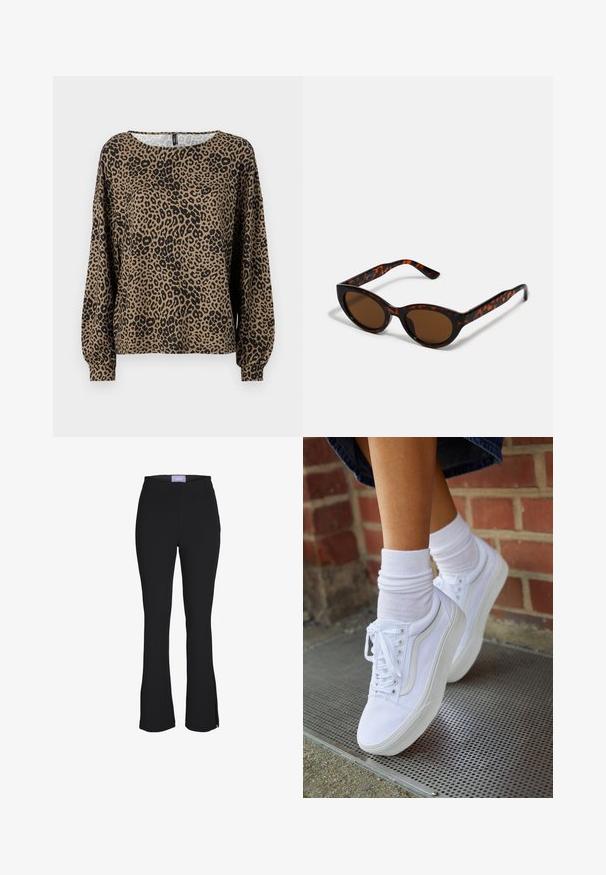 Blusa de manga larga con estampado de leopardo en marrón y negro, con un cuello redondo y puños de manga fruncidos, fabricada en un tejido suave y texturizado.; Pantalones acampanados negros de cintura alta con pequeñas aberturas laterales en la parte inferior y una etiqueta púrpura en la cinturilla.; Zapatillas de lona blancas con suelas de goma, que presentan seis ojales, puntera redonda y detalles de costura ligera, combinadas con calcetines blancos hasta el tobillo.; Gafas de sol de carey marrón con una forma vintage de ojo de gato y lentes marrones. Presentan brazos curvados con acentos rojos.