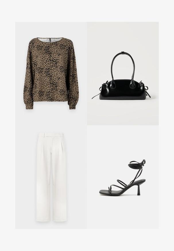 Blusa de manga larga con estampado de leopardo en marrón y negro, con un cuello redondo y puños de manga fruncidos, fabricada en un tejido suave y texturizado.; Pantalones de pierna ancha color crema con un frente plano, pliegues y una textura de tela suave. Diseñados con presillas para cinturón y dobladillos ajustados.; Sandalia negra de tiras con punta cuadrada, lazos ajustables en el tobillo y un tacón bloque delgado. Fabricada con un material suave y duradero.; Pequeño bolso negro brillante con dos asas largas y detalles de cordón lateral sobre un fondo claro liso.