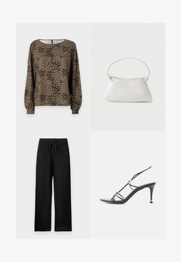 Blusa de manga larga con estampado de leopardo en marrón y negro, con un cuello redondo y puños de manga fruncidos, fabricada en un tejido suave y texturizado.; Pantalones negros de corte holgado con cintura elástica y lazo delantero, diseño de pierna recta, mostrados sobre un fondo liso.; Sandalia de tacón alto negra con tiras delgadas y detalles de cuentas doradas en un tacón de aguja puntiagudo.; Bolso de mano de cuero blanco tejido con asa redondeada y extremos de la correa anudados, exhibido sobre un fondo liso.