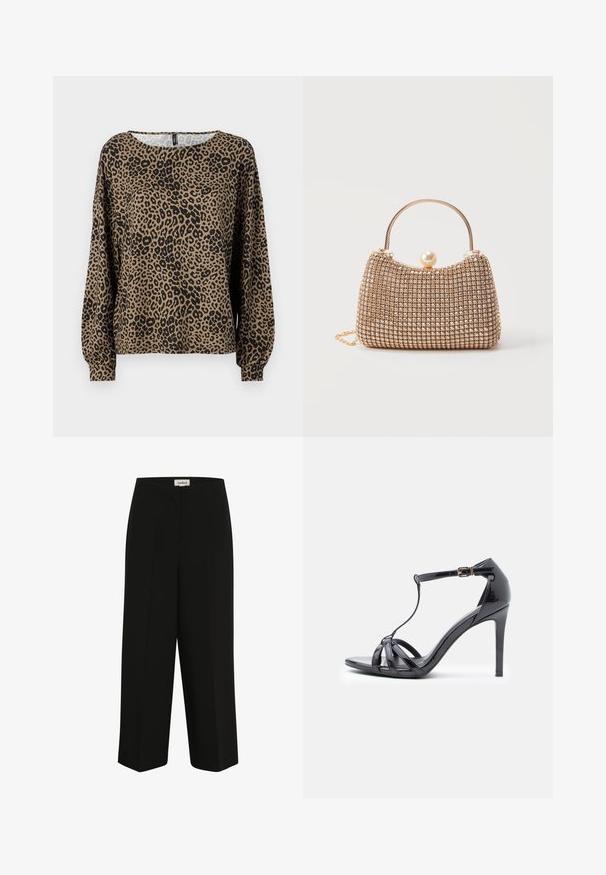 Blusa de manga larga con estampado de leopardo en marrón y negro, con un cuello redondo y puños de manga fruncidos, fabricada en un tejido suave y texturizado.; Pantalones anchos negros con cintura elástica y una pequeña etiqueta "soaked" centrada en el interior de la cintura.; Sandalia de tacón alto de charol negro con correas finas, diseño en forma de T, cierre de hebilla y una silueta curva y elegante.; Bolso de mano para noche en tono dorado con pequeños cristales brillantes, asa metálica, cierre con perla y correa de cadena desmontable sobre fondo blanco.