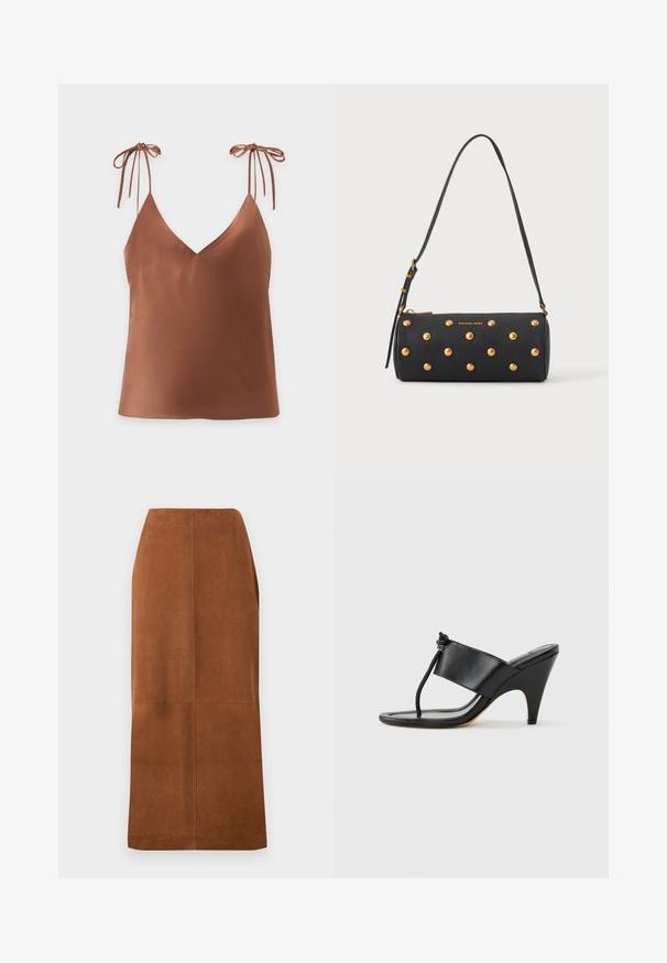 Top marron sans manches avec un col en V et fines bretelles nouées en nœuds sur un fond uni clair.; Jupe crayon midi en daim brun avec des détails de couture verticales et horizontales visibles, devant plat et ourlet droit sur un fond neutre.; Sandale noire à talon haut avec une large bride avant et une boucle d'orteil dotée d'un détail de corde nouée, vue de profil sur fond blanc.; Sac à main cylindrique noir avec des clous dorés et une bandoulière réglable, avec le logo "Michael Kors" en doré sur le devant.