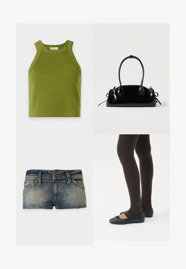 CLOSED CROPPED RACER TANK - Μπλούζα - pistachio green; Ξεβαμμένο μπλε τζιν σορτς με εμφανείς ραφές, θηλιές για ζώνη, μπροστινές τσέπες και διπλό κούμπωμα με κουμπιά, εμφανίζεται σε απλό φόντο.; Πόδια με σκουρόχρωμα ριμπ κολάν συνδυασμένα με μαύρα μπαλαρίνα παπούτσια με μικρές λεπτομέρειες φιόγκων σε λευκό φόντο.; Μικρή μαύρη γυαλιστερή τσάντα με δύο μακριές λαβές και λεπτομέρειες με ρυθμιζόμενο κορδόνι στο πλάι σε απλό ανοιχτό φόντο.