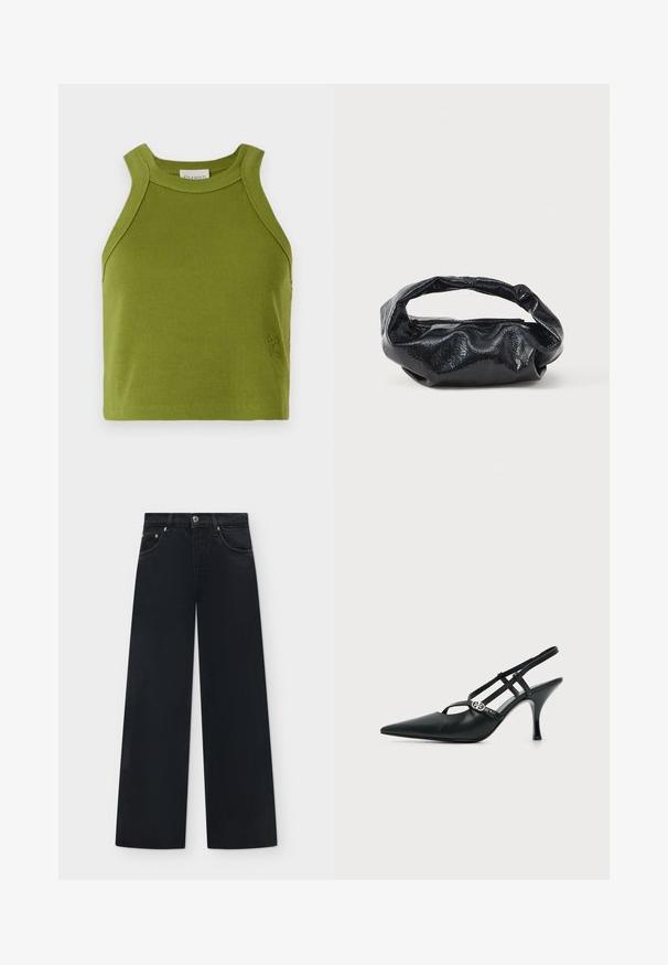 CLOSED CROPPED RACER TANK - Top - pistachio green; Zwarte jeans met wijde pijpen, voorzakken, ceintuurlussen en een knoopsluiting in de taille.; Zwarte leren slingback met puntige neus, dunne bandjes en een kleine zilveren siergesp aan de zijkant.; Zwarte tas van glanzend, textuur materiaal met een ronde, gedraaide handgreep en een ritsluiting. Heeft een zacht, gekreukt ontwerp.