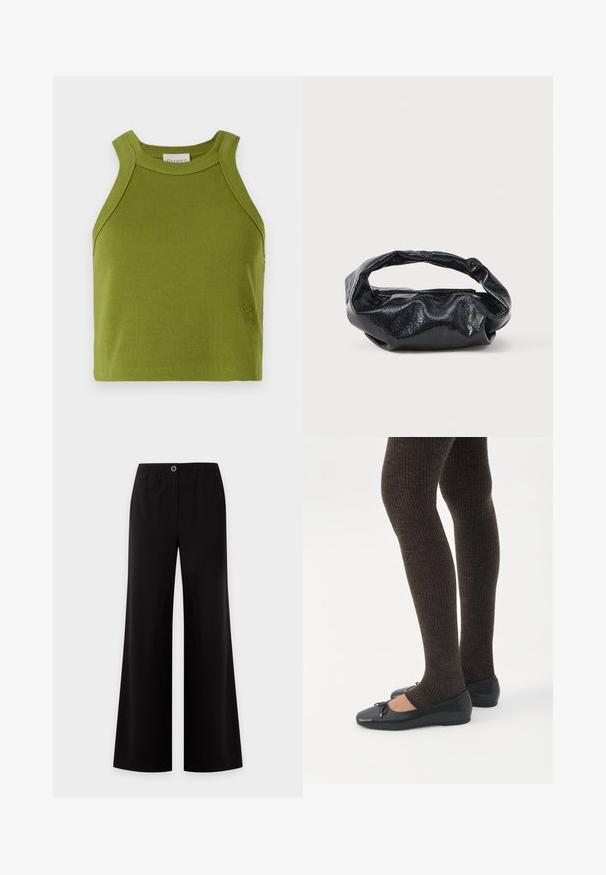 CLOSED CROPPED RACER TANK - Top - pistachio green; Čierne nohavice s širokými nohavicami, pružným pásom a jedným gombíkom vpredu, zobrazené na jednoduchom svetlom pozadí.; Nohy v tmavých pásikavých legínach v kombinácii s čiernymi balerínkami s malými mašličkami na bielom pozadí.; Čierna taška z lesklého, textúrovaného materiálu s obvodovým, skrúteným uchom a zipsovým uzáverom. Vyznačuje sa mäkkým, zvrásneným dizajnom.