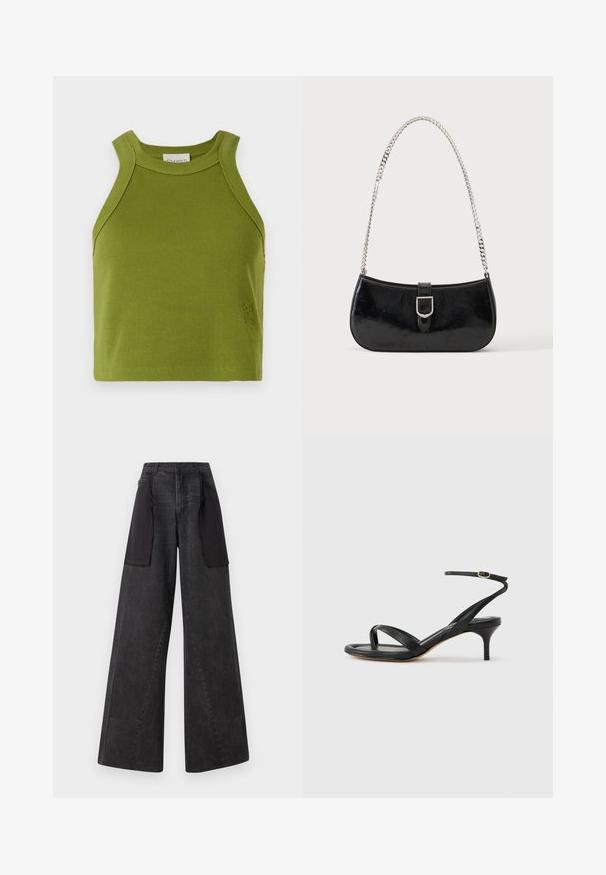 CLOSED CROPPED RACER TANK - Top - pistachio green; Wijde jeans van donker denim met zwarte stoffen panelen aan de zijkanten, met een hoge taille en zichtbare stiksels.; Zwarte leren dames sandaal met dunne bandjes, een teengreep, een enkelgesp en een stilettohak van gemiddelde hoogte op een neutrale achtergrond.; Zwarte lakleren schoudertas met een zilveren gespdetail en een zilveren kettingriem, getoond tegen een effen lichte achtergrond.