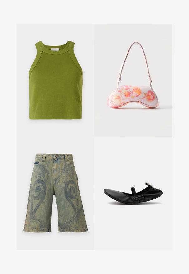 CLOSED CROPPED RACER TANK - Top - pistachio green; Paolina Russo Denimshorts - sand; Sort foldet læder balletsko med en enkelt rem og sølvspænde på en ensartet lys baggrund.; Lille håndtaske med en buet form med et pink og orange blomsterprint og en enkelt skulderrem mod en ensfarvet baggrund.