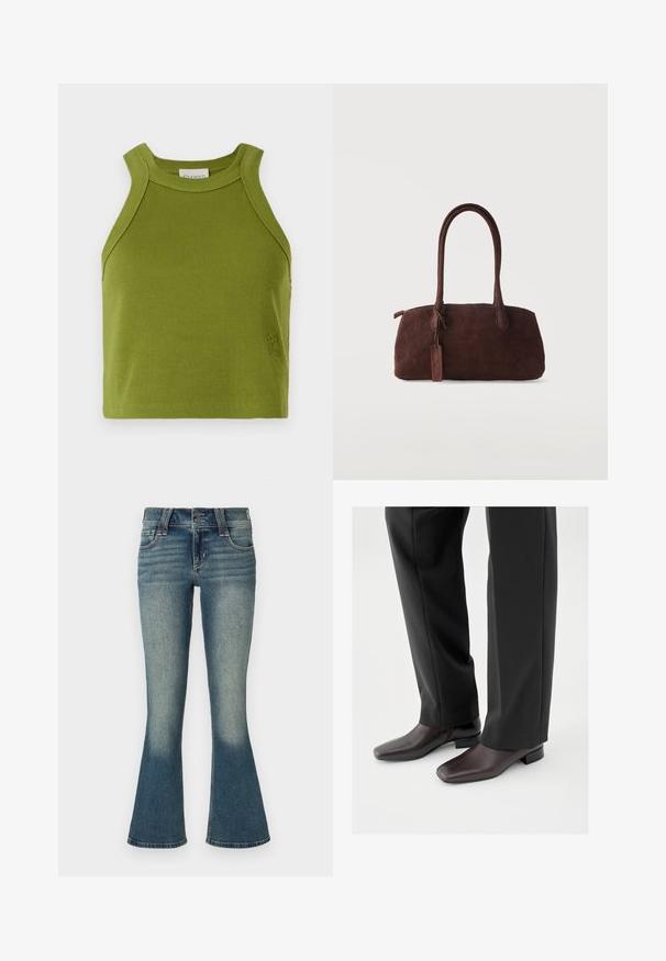 CLOSED CROPPED RACER TANK - Top - pistachio green; Džínsy z stredne modrého denimu s miernym vyblednutím na stehnách a rozšírenými nohavicami, s prednými vreckami, poutkami na opasok a dvojitým zapínaním.; Tmavohnedé kožené topánky so štvorcovou špičkou a krátkym hranatým podpätkom, nosené s čiernymi na mieru šitými nohavicami, ktoré vytvárajú elegantný a uhladený vzhľad.; Tmavohnedá semišová kabelka s dvoma dlhými uchami a malou pripevnenou visačkou, na jednotnom svetlom pozadí.