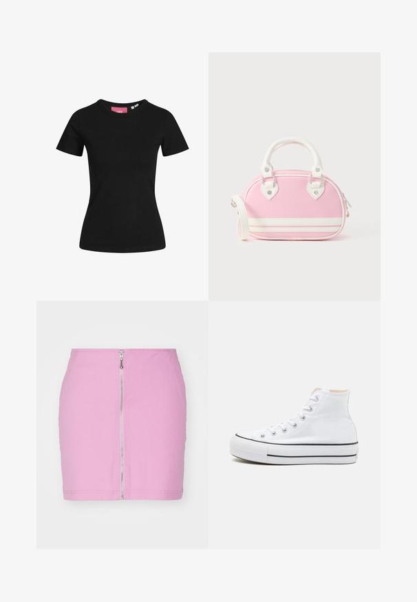 Schwarzes Kurzarm-T-Shirt aus Baumwolle. Klassisches Rundhalsdesign mit glatter Textur und figurbetontem Schnitt.; Rosa Jeans-Minirock mit einem Reißverschluss vorne, tailliertem Design und einem sauberen Abschluss am Saum. Einfach, einfarbig ohne Muster.; Weiße High-Top-Sneaker aus einem Material aus Segeltuch, mit schwarzer Gummisohle und kontrastierendem schwarzen Streifen auf der Zwischensohle. Runde Zehenkappe und Schnürdesign.; Rosa Handtasche mit weißen Akzenten, abgerundeter Form, oberen Griffen, abnehmbarem Schulterriemen und herzförmigen Metallakzenten. Reißverschlussverschluss.