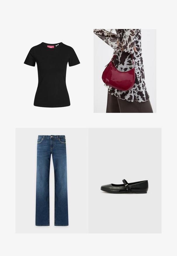 Schwarzes Kurzarm-T-Shirt aus Baumwolle. Klassisches Rundhalsdesign mit glatter Textur und figurbetontem Schnitt.; Dunkelblaue Jeans mit geradem Bein, fünf Taschen, Metallknopfverschluss und kleinen silbernen Nieten entlang der Vorderkanten der Taschen.; Schwarze Leder-Ballerinas mit einer runden Spitze, einer flachen Sohle und einem dünnen, verstellbaren Riemen über dem Spann mit einer Metallschnalle.; Frau trägt eine schwarz-weiß gemusterte Bluse und hält eine glänzende rote Schultertasche vor einem einfarbigen Hintergrund.