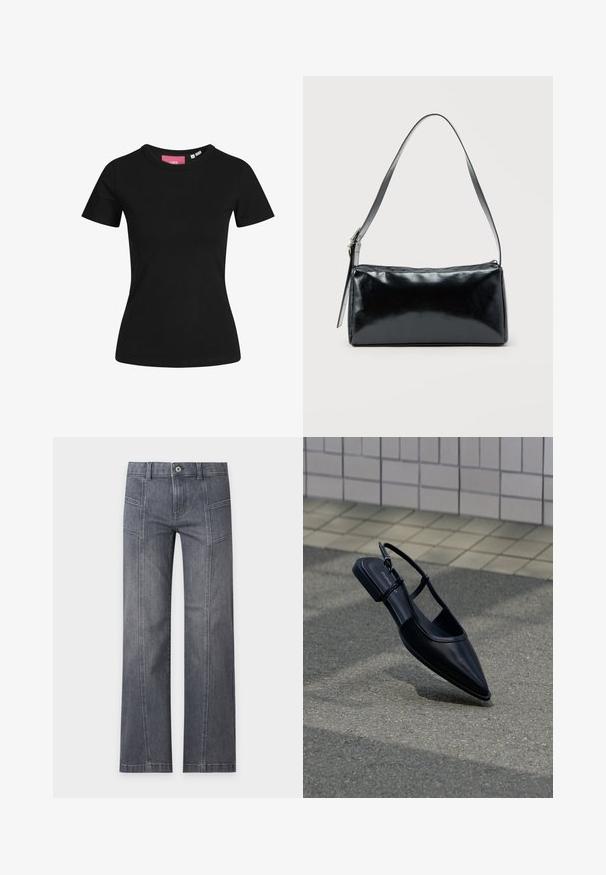 Schwarzes Kurzarm-T-Shirt aus Baumwolle. Klassisches Rundhalsdesign mit glatter Textur und figurbetontem Schnitt.; Straight-leg graue Denim-Jeans mit vorderen Nahtdetails, Gürtelschlaufen und Knopfverschluss vor einem schlichten hellen Hintergrund.; Schwarzer, spitz zulaufender Slingback-Flachschuh, der über einer Asphaltfläche neben einem gefliesten Bürgersteig schwebt.; Schwarze rechteckige Schultertasche mit einem verstellbaren Riemen und einem oberen Reißverschluss vor einfachem Hintergrund.