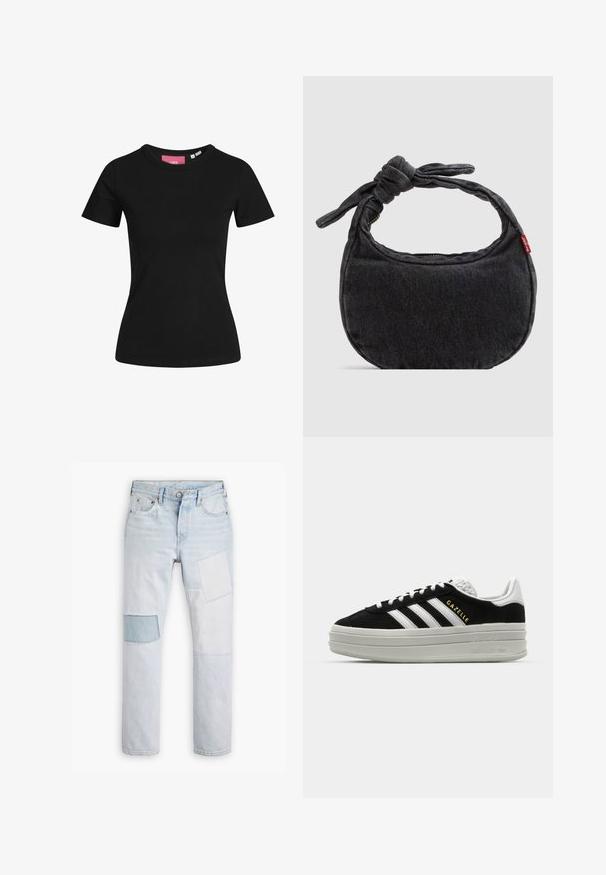 Camiseta negra de manga corta fabricada en algodón. Diseño clásico de cuello redondo con una textura suave y una silueta ajustada.; Jeans de denim azul claro con varios parches de tela, con un ajuste relajado y cintura regular. Incluye el diseño tradicional de cinco bolsillos.; Zapatillas negras de ante con detalles en cuero blanco, tres rayas blancas, cordones planos y una gruesa suela de plataforma gris. Marca "Gazelle" en dorado.; Bolso pequeño de hombro de mezclilla negra con correa anudada y cierre de cremallera, con una etiqueta de tela roja de Levi's en el lateral.