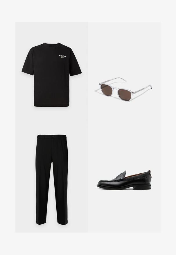 Schwarzes Baumwoll-T-Shirt mit kurzen Ärmeln und Rundhalsausschnitt, mit weißer Bestickung "Jeu Set et Match" und einem grünen Krokodil-Logo-Akzent.; Schwarze Hosen aus glattem Stoff, mit geradem Schnitt, zwei vorderen Taschen und einem Reißverschluss mit Knopfverschluss.; Schwarzer Leder-Herrenschuh mit Mokassinnaht, Penny-Riemen, strukturiertem Kragen und niedrigem gestapeltem Absatz auf weißem Hintergrund.; Klarer Kunststoff-Sonnenbrillen mit rechteckigen braunen Gläsern, ausgestattet mit dünnen, transparenten Bügeln und Metallakzenten an den Schläfen.