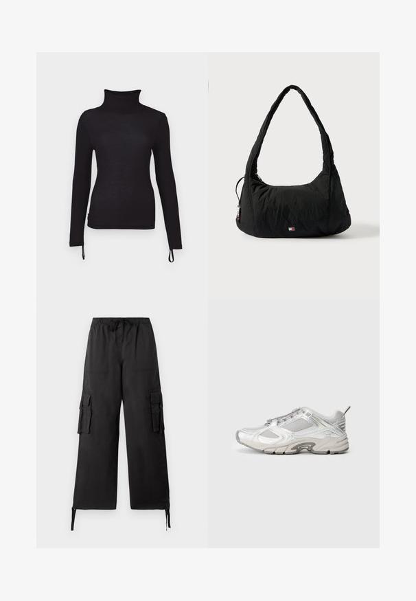 Camiseta negra de manga larga y cuello alto, de corte slim, con textura acanalada, que cuenta con cordones ajustables en el dobladillo para una longitud personalizable.; Tommy Jeans ELASTICATED PANT - Pantalones cargo - black; Zapatillas de running en malla blanca con acentos metálicos, revestimientos texturizados y una suela gruesa. Cuenta con un sistema de cordones en la parte delantera y una tira de agarre en la parte trasera.; Bolso de hombro negro de nylon con un asa curvada, bolsillo con cremallera y pequeño logo en el frente; textura acolchada con una forma suave y redondeada.