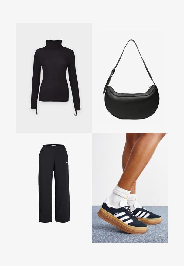 Čierne tričko s dlhým rukávom a rolákom, slim fit, so žebrovanou textúrou, s nastaviteľnými šnúrkami na spodnom leme pre prispôsobiteľnú dĺžku.; Čierne tepláky s rovnými nohavicami a elastickým pásom, s malým bielym logom na hornej časti stehna, určené na bežné nosenie.; Nohy v bielych ponožkách a čiernych teniskách Adidas Gazelle s bielymi pruhmi a hrubými hnedými podrážkami na sivom koberci.; Čierna kožená taška cez rameno v tvare polmesiaca s dlhým nastaviteľným popruhom a horným zapínaním na zips.