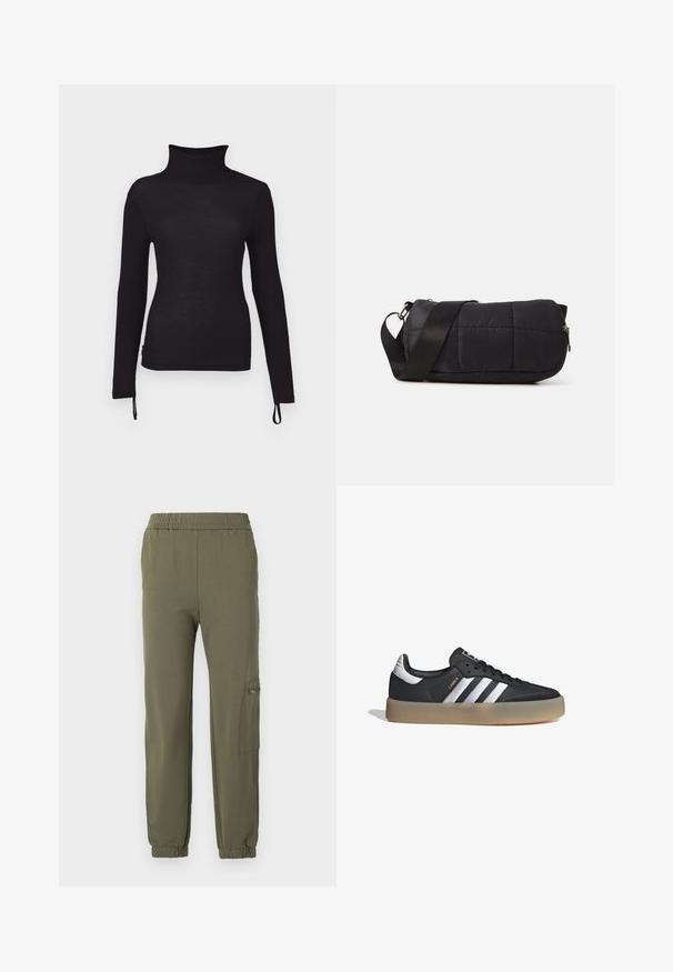 Camiseta negra de manga larga y cuello alto, de corte slim, con textura acanalada, que cuenta con cordones ajustables en el dobladillo para una longitud personalizable.; Pantalones jogger en verde oliva con cintura elástica, puños ajustados y un bolsillo lateral tipo cargo con detalle de cremallera. Tela suave y elástica.; Zapatilla deportiva de cuero negro con tres rayas plateadas, punta texturizada y suela de goma. Cuenta con un collar acolchado y un diseño con cordones.; Bolsa acolchada negra con forma cilíndrica, hecha de material suave. Cuenta con una correa negra y accesorios de metal plateado. Cierre con cremallera.