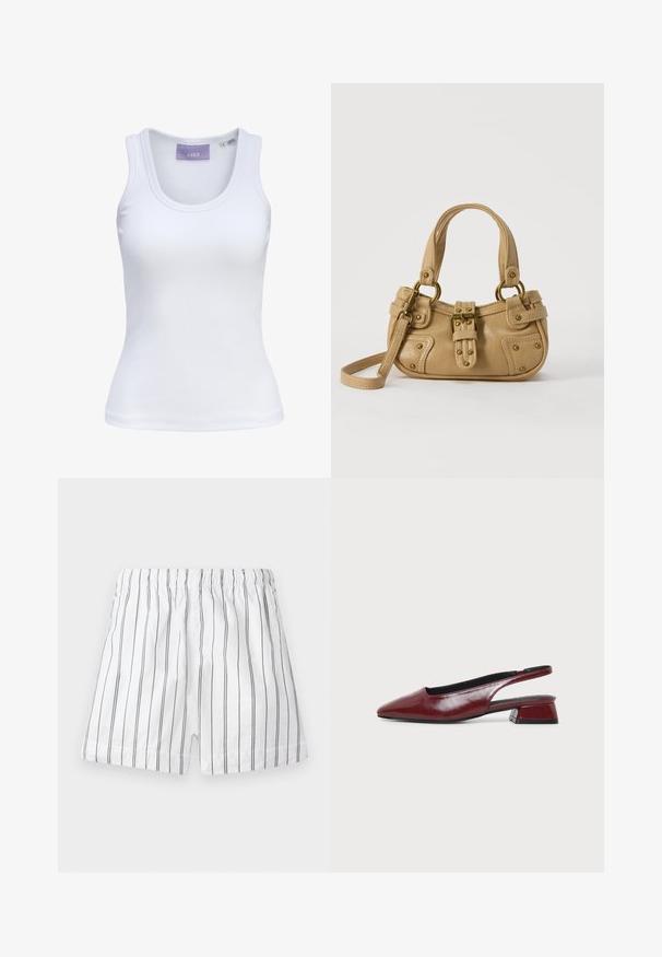Camiseta sin mangas blanca acanalada con escote redondo y pequeña etiqueta de talla en el interior del cuello.; Pantalones cortos blancos con finas rayas verticales grises, una cinturilla elástica y un ajuste cómodo. Fabricados con tejido ligero para una mayor transpirabilidad.; Zapato slingback de cuero granate con punta afilada y tacón bajo de bloque, mostrado de perfil sobre un fondo claro y sencillo.; Bolso de cuero beige con doble asa, hebilla y remaches de latón, y una correa de hombro ajustable sobre un fondo blanco.