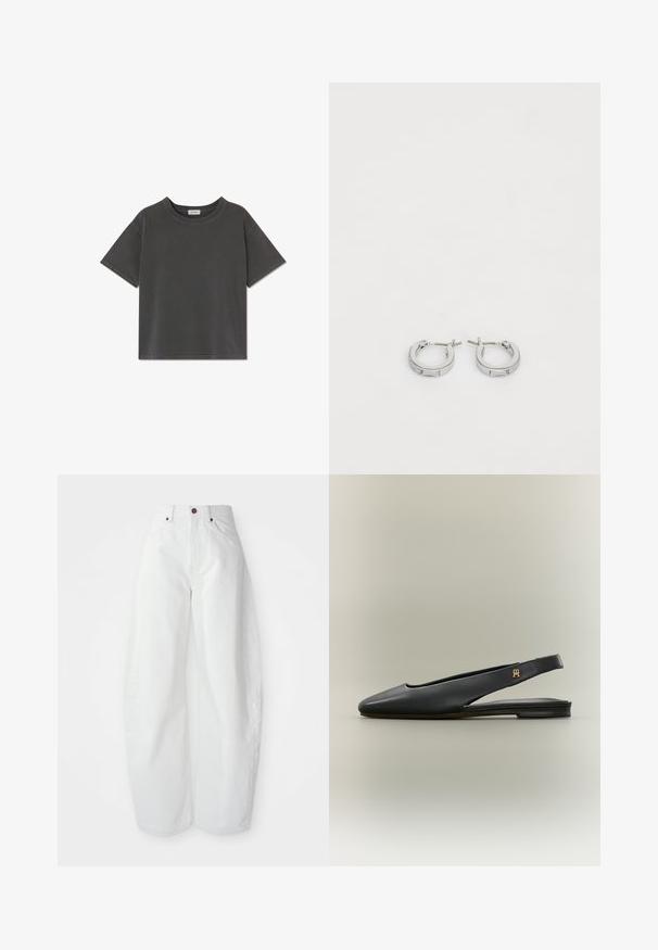 Kurzärmeliges T-Shirt in Holzkohlegrau mit Rundhalsausschnitt, geradem Saum und sichtbaren Nähten an Ärmeln und Kragen.; Hochtaillierte weiße Denim-Hose mit lockerer Passform. Einfacher Knopfverschluss, seitliche Taschen und minimalistisches Design. Glatte Textur.; Schwarzer Leder Slingback-Flachschuh mit spitzer Spitze und goldfarbenem Logo-Akzent am Riemen, dargestellt auf neutralem Hintergrund.; Silberne Creolen mit einer glatten, polierten Oberfläche, die ein einfaches Design und einen sicheren Verschluss aufweisen. Jede Ohrringform ist rund und kompakt.