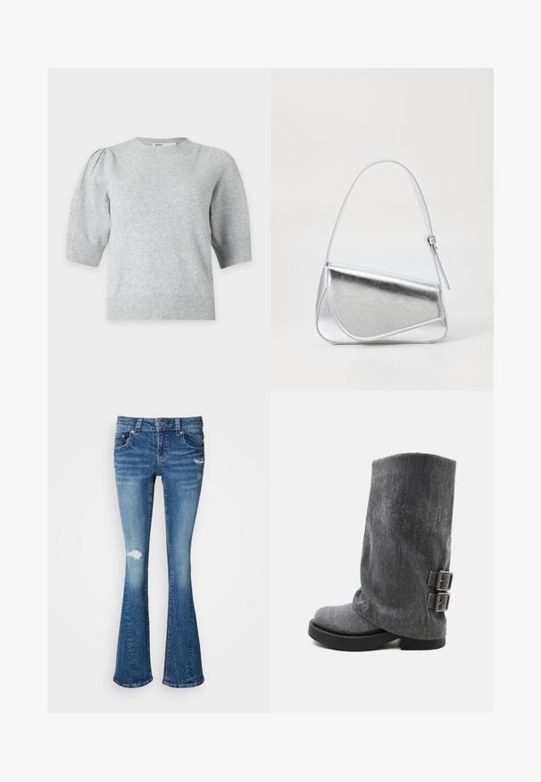 Hellgrauer Strickpullover mit kurzen Ärmeln, gepufften Schultern und gerippten Bündchen und Saum, Rundhalsausschnitt, Vorderansicht.; Blaue Jeans mit ausgestelltem Bein, mittelhoher Taille, verwaschenen Details an den Knien und einer glatten, strukturierten Oberfläche.; Grauer, mid-calf schlaffer Stiefel mit schwarzer Sohle und zwei verstellbaren Schnallen an der Seite, Seitenansicht auf weißem Hintergrund.; Silberfarbene metallische Handtasche mit dreieckiger Form, glatter Textur und einem dünnen, verstellbaren Schultergurt. Sie verfügt über ein umklappbares Design mit Nähten.