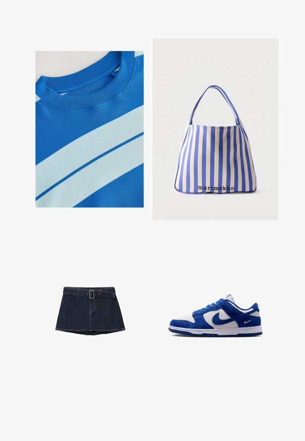 Blå sweatshirt med ribbet rund hals, der har horisontale lyseblå striber og en glat tekstur. Rent design, blødt stof.; Mørkeblå denim mininederdel med matchende bælte og sølvspænde, med orange syninger og en detalje med front-søm.; Lave Nike sneakers i hvidt læder med royalblå ruskindsoverlejringer og matchende blå Swoosh på siden og sålen.; Blå og hvide lodrette stribede mulepose med brede håndtag og "marimekko" logo nær bunden i midten mod en ensfarvet baggrund.