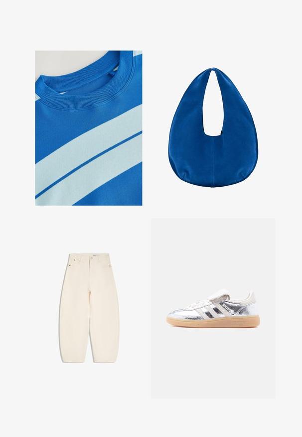 Blå sweatshirt med ribbet rund hals, der har horisontale lyseblå striber og en glat tekstur. Rent design, blødt stof.; Højtaljede, vidde bukser i cremefarve med frontknap og lynlåslukning, to forlommer og bæltestropper.; Sølvmetallic Adidas Spezial-sneaker med hvide striber og gummisål, vist fra venstre side på en ensartet hvid baggrund.; Blød blå stof hobo skuldertaske med en rundet, halvmåneformet form og en bred åbning til håndtaget i toppen midt på.