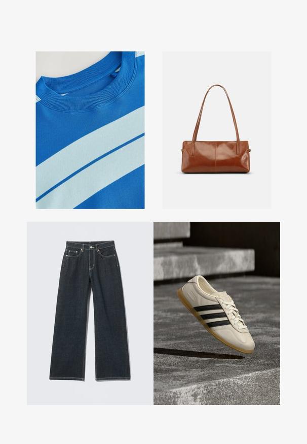Blaues Sweatshirt mit geripptem Rundhalsausschnitt, ausgestattet mit horizontalen hellblauen Streifen und einer glatten Textur. Sauberes Design, weiches Material.; Dunkelblaue Jeans mit weitem Bein, vorn mit Knöpfen, Reißverschluss, Gürtelschlaufen und fünf Taschen, auf hellem einfarbigem Hintergrund.; Weißer Sneaker mit schwarzen Streifen und Gummisohle schwebt über Betontreppen im sanften Tageslicht.; Rechteckige braune Lederhandtasche mit zwei langen Schulterriemen, glattem glänzendem Finish und minimalistischem Design vor einfarbigem Hintergrund.