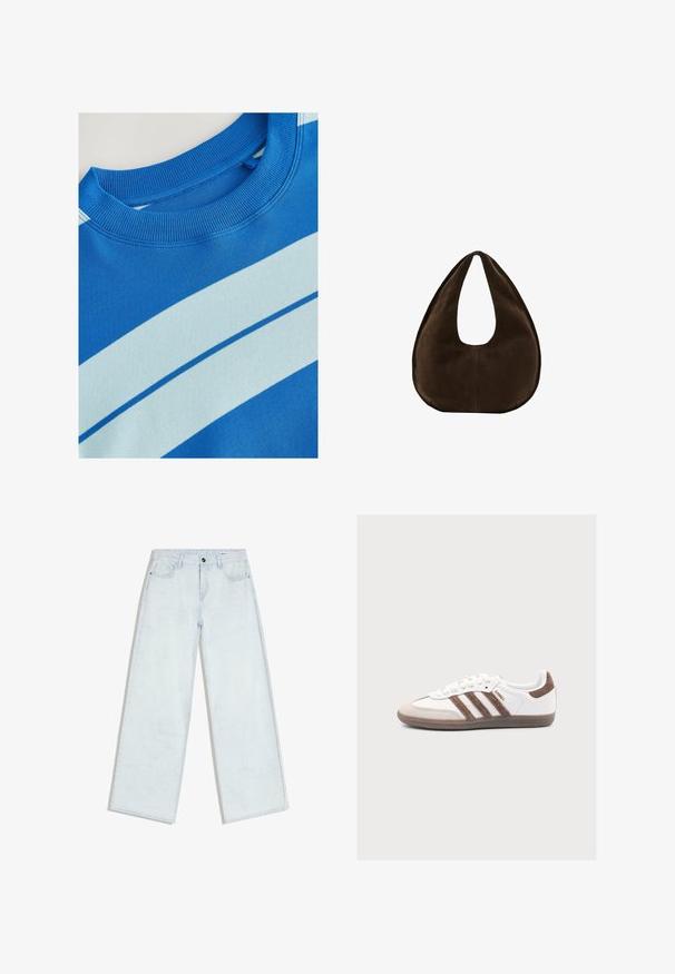 Blaues Sweatshirt mit geripptem Rundhalsausschnitt, ausgestattet mit horizontalen hellblauen Streifen und einer glatten Textur. Sauberes Design, weiches Material.; Hellblaue Jeans mit weitem Bein, vorne mit Knopf und Reißverschluss, Gürtelschlaufen und Fünf-Taschen-Stil, flach auf weißem Hintergrund ausgelegt.; Weißer Adidas Samba Sneaker mit braunen Wildlederstreifen und Fersenlasche, beiger Zehenkappe und Gummisohle auf einfarbigem Hintergrund.; Dunkelbraune Wildleder-Handtasche in Halbmondform mit einem breiten Riemen und glatter Textur vor weißem Hintergrund.