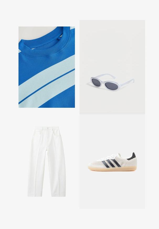 Blauwe sweatshirt met een geribde ronde hals, voorzien van horizontale lichtblauwe strepen en een gladde structuur. Schoon ontwerp, zachte stof.; Witte, rechte spijkerbroek met hoge taille, voorzakken, riemlussen en een knoopsluiting.; Witte sneakers van mesh met een zwart ontwerp van drie strepen, een ronde neus en een rubberen gumzool. Voorzien van een zachte hielkraag en een vetersluiting.; Ovaalvormige zonnebril met wit montuur en donker getinte glazen, liggend op een witte ondergrond.