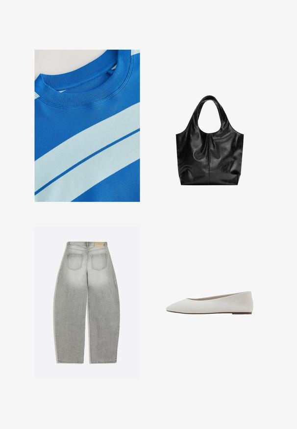 Blå sweatshirt med ribbet rund hals, der har horisontale lyseblå striber og en glat tekstur. Rent design, blødt stof.; Lysegrå højtaljede bukser med vide ben, to baglommer og bæltestropper, vist bagfra på en ensfarvet hvid baggrund.; Hvide flade sko med spids tå-design, glat tekstiloverdel, lav hæl og minimalistisk stil uden synlige mønstre eller udsmykninger.; Sort læder tote taske med en glat overflade, en blød, afrundet top og brede håndtag. Har minimal syning og en afslappet silhuet.