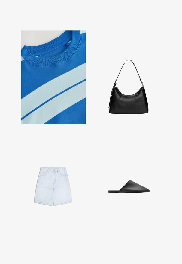 Blauwe sweatshirt met een geribde ronde hals, voorzien van horizontale lichtblauwe strepen en een gladde structuur. Schoon ontwerp, zachte stof.; Lichtblauwe denimshorts met knopen en ritssluiting aan de voorkant, lussen voor een riem en zakken aan de voorkant, plat gelegd op een witte achtergrond.; Zwarte leren instapschoen met een puntige neus en gladde textuur, voorzien van een minimalistisch ontwerp en een platte zool.; Zwarte synthetische leren handtas met een gebogen vorm, korte handgreep, ritssluiting en een subtiel textuurpatroon op het oppervlak.
