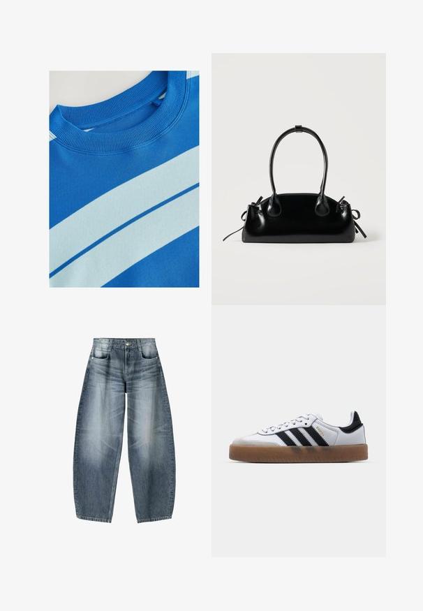 Blaues Sweatshirt mit geripptem Rundhalsausschnitt, ausgestattet mit horizontalen hellblauen Streifen und einer glatten Textur. Sauberes Design, weiches Material.; Weite Jeans aus hellblauem Denim mit Ausbleichungen, im fünf-Taschen-Design, mit Knopfverschluss und minimalen Nähtelementen.; Weiße Leder Sneakers mit schwarzen Streifen, Gummigummi-Außensohle, runder Zehenform, Schnürverschluss und weichem grauem Wildleder-Zehenkappe.; Kleine schwarze glänzende Handtasche mit zwei langen Griffen und seitlichen Kordelzug-Details vor einfachem hellem Hintergrund.