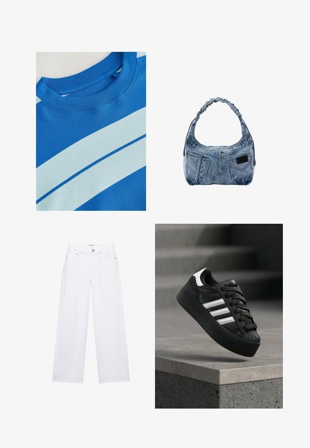 Blaues Sweatshirt mit geripptem Rundhalsausschnitt, ausgestattet mit horizontalen hellblauen Streifen und einer glatten Textur. Sauberes Design, weiches Material.; Weiße, hoch taillierte Jeans mit weitem Bein, Knopf- und Reißverschluss, Taschen vorne und hinten sowie silbernen Nieten.; Schwarzer Sneaker mit weißen Streifen und Schnürsenkeln, in der Luft über einer grauen Betonkante vor unscharfem Hintergrund.; Jeans-Umhängetasche mit einem gerafften Träger, mit falschen Taschen, Knöpfen und einer strukturierten Oberfläche, die einer Jeans in Blautönen ähnelt.