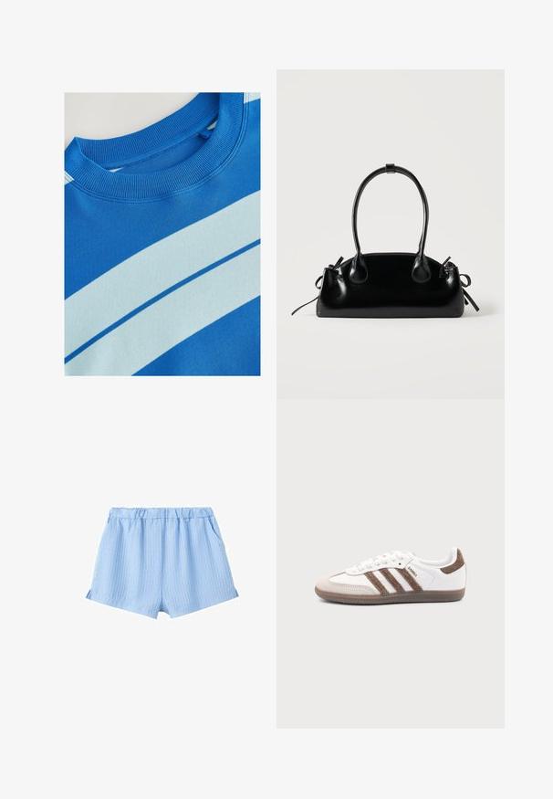 Blauwe sweatshirt met een geribde ronde hals, voorzien van horizontale lichtblauwe strepen en een gladde structuur. Schoon ontwerp, zachte stof.; Lichtblauwe shorts met een elastische taille, witte verticale strepen en zijzakken.; Witte Adidas Samba sneaker met bruine suède strepen, bruine rubberen zool en beige suède neuskap, getoond vanaf de buitenkant op een effen achtergrond.; Kleine zwarte glanzende handtas met twee lange hengsels en zijkant trekkoord details op een effen lichte achtergrond.