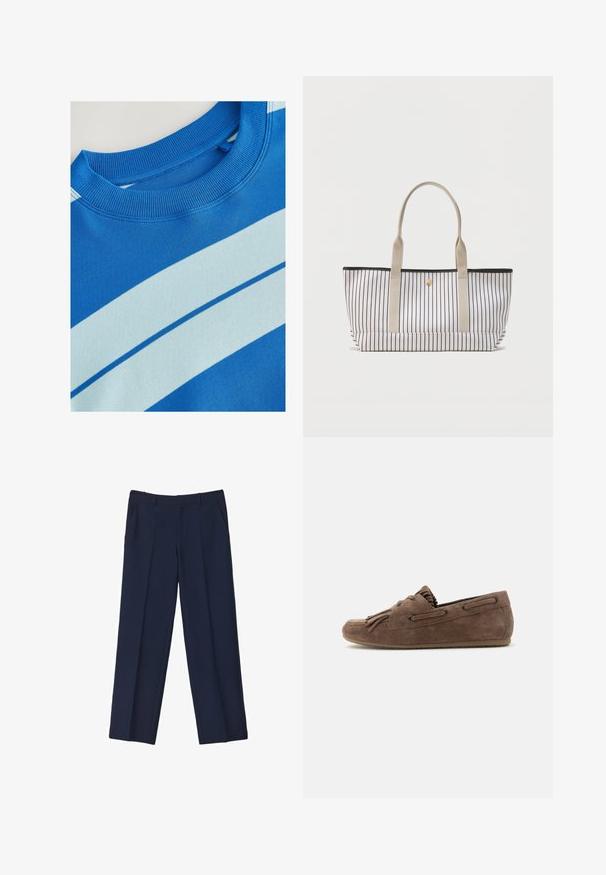 Blaues Sweatshirt mit geripptem Rundhalsausschnitt, ausgestattet mit horizontalen hellblauen Streifen und einer glatten Textur. Sauberes Design, weiches Material.; Marineblaue, maßgeschneiderte Hose mit geradem Bein, ausgestattet mit vorderen Falten und Seitentaschen. Der Stoff wirkt glatt und strukturiert.; Brauner Wildleder-Slipper mit Fransen- und Spitzen-Details, flacher Gummisohle und Mokassinstich, dargestellt auf neutralem Hintergrund.; Weiße Tote-Tasche mit vertikalen schwarzen Streifen, beigen Griffen und einem kleinen zentralen goldenen Knopfverschluss auf einfachem Hintergrund.