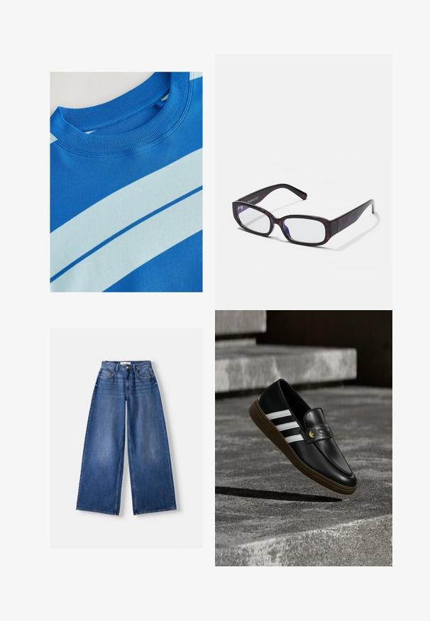 Blaues Sweatshirt mit geripptem Rundhalsausschnitt, ausgestattet mit horizontalen hellblauen Streifen und einer glatten Textur. Sauberes Design, weiches Material.; Weit geschnittene blaue Denim-Jeans mit Vordertaschen, Gürtelschlaufen und Knopfverschluss, flach auf hellem Hintergrund liegend.; Schwarzer Lederloafer mit weißen Streifen und brauner Sohle, über Betontreppen positioniert, der einen Schatten auf den Boden wirft.; Braune Schildpatt-Rechteckbrille mit klaren Gläsern und schlanken Bügeln, die eine glatte Textur und ein minimalistisches Design zeigen.