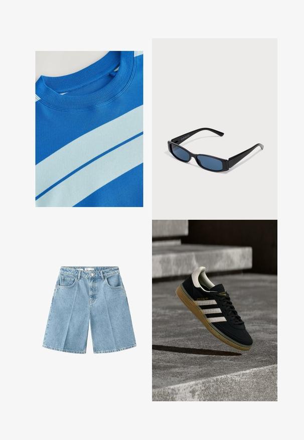 Blaues Sweatshirt mit geripptem Rundhalsausschnitt, ausgestattet mit horizontalen hellblauen Streifen und einer glatten Textur. Sauberes Design, weiches Material.; Hellblaue Denim-Shorts mit Vordertaschen, Gürtelschlaufen und Knopfverschluss an der Taille, auf weißem Hintergrund flach liegend dargestellt.; Schwarzer Sneaker aus Wildleder mit weißen Streifen und goldenem Logo, ausgestattet mit einer strukturierten Gummisohle in Kaugummifarben und einer kontrastierenden cremefarbenen Fersenschlaufe.; Schwarze Sonnenbrille mit einem eleganten rechteckigen Rahmen und blauen Gläsern. Besitzt eine glatte Oberfläche und robuste Scharniere. Markenlogo an der Seite.