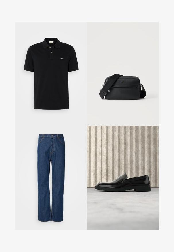 Polo noir en coton, doté d'un col classique, d'une patte de boutonnage à deux boutons, de manches courtes et d'un petit logo brodé sur la poitrine.; Jean en denim bleu avec une coupe droite, équipés d'une fermeture à bouton, de cinq poches et de coutures contrastantes le long des coutures.; Mocassin en cuir noir poli flottant au-dessus d'un tapis beige avec un mobilier translucide orange en arrière-plan.; Sac bandoulière en cuir noir texturé avec poche avant zippée et bandoulière large en tissu réglable sur fond blanc.