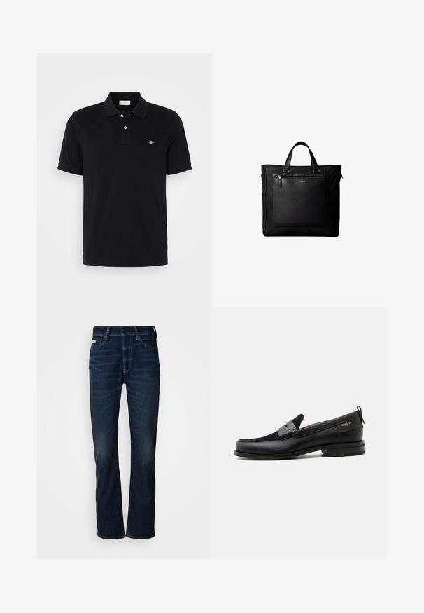 Polo noir en coton, doté d'un col classique, d'une patte de boutonnage à deux boutons, de manches courtes et d'un petit logo brodé sur la poitrine.; Jean en denim bleu foncé avec une coupe droite, présentant une légère décoloration, une fermeture à bouton et un style traditionnel à cinq poches.; Mocassin en cuir noir avec détail de bride grise, talon bas et semelle texturée, marqué "HUGO" en or sur le côté.; Sac cabas noir avec doubles poignées, grande poche avant en cuir avec fermeture éclair et logo discret Calvin Klein au centre de la poche.